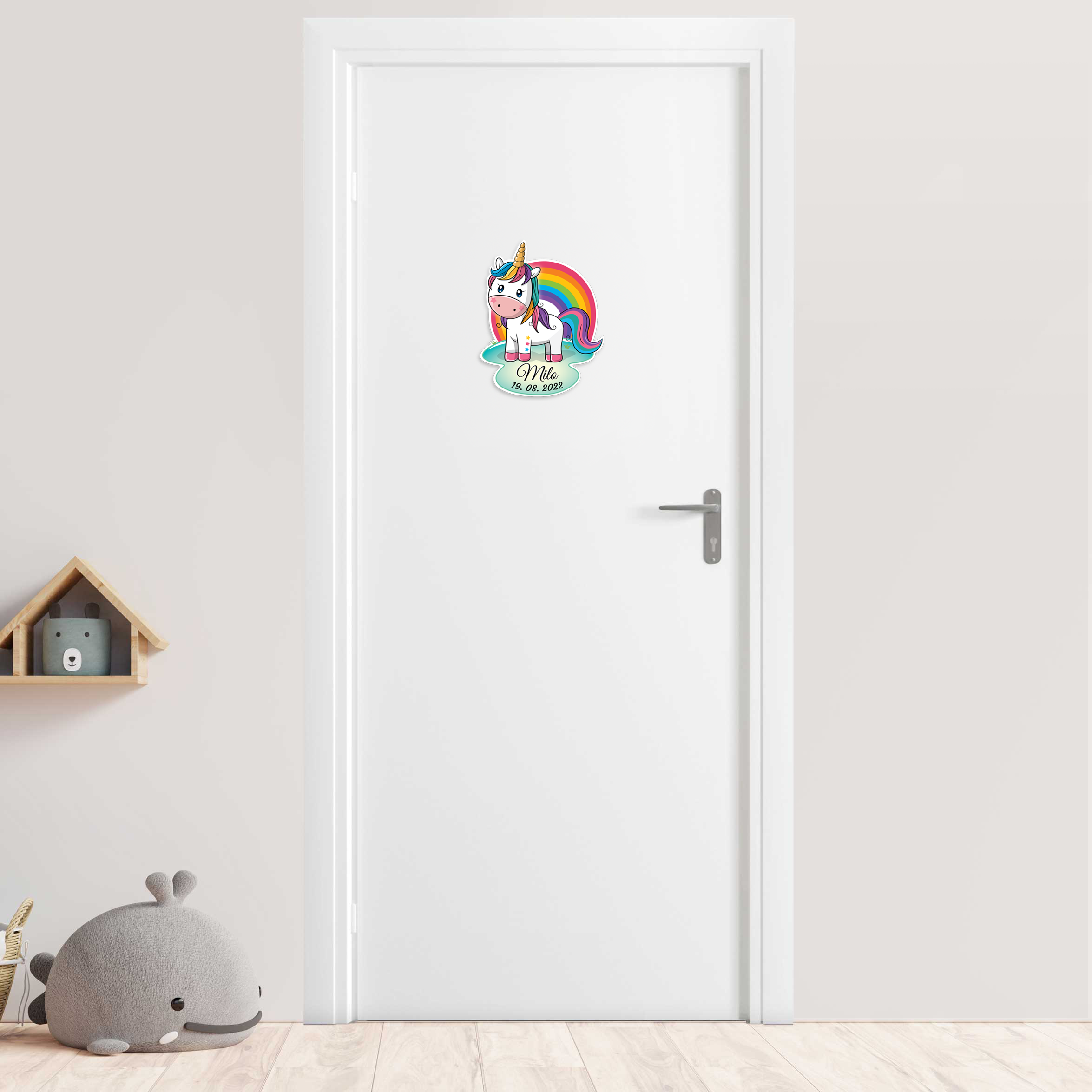 Kleine Geburtstafel als Türschild - Einhorn auf Wiese